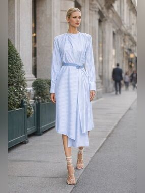 Bohelle 100% Cotton Light Blue Striped Asymmetrical Wrap Dress US M